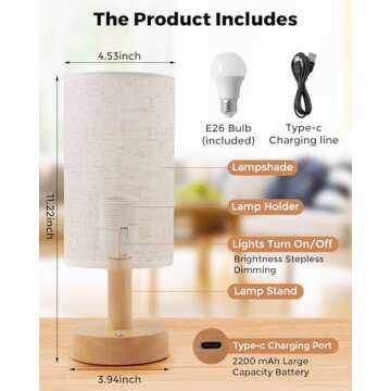 Cordless Table Lamp, 2200mAh Battery Operated Desk Lamp, Touch Bedside Lamps for Night Stands, Warm Light Mini Boho Lamp, Wood Base Round Flaxen Fabric Shade for Living Room,LED Bulb Included (Beige)