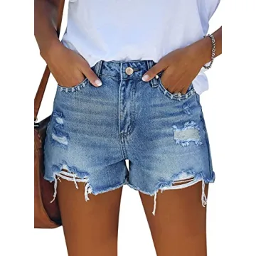 onlypuff Women's Ripped Mid Waisted Denim Shorts with Pockets