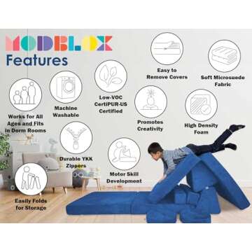 Mod Blox 10 Piece Soft Modular Kids Play Couch for Boys and Girls｜Child Sectional Fort Building Sofa for Toddlers Playroom with Microsuede Covers and High Density Convertible Foam Cushions (Navy Blue)