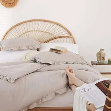 JANZAA Oatmeal Twin Ruffled Soft Twin Size Bed Set Vintage Farmhouse Bed Comforter Set Shabby Fluffy Bedding (1 Comforter Set and 1 Pillowcase)