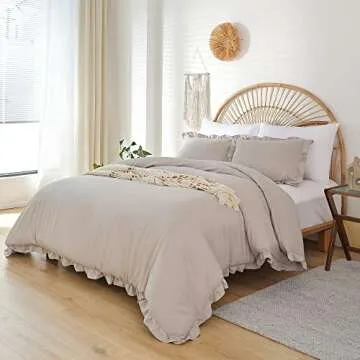 JANZAA Oatmeal Twin Ruffled Soft Twin Size Bed Set Vintage Farmhouse Bed Comforter Set Shabby Fluffy Bedding (1 Comforter Set and 1 Pillowcase)