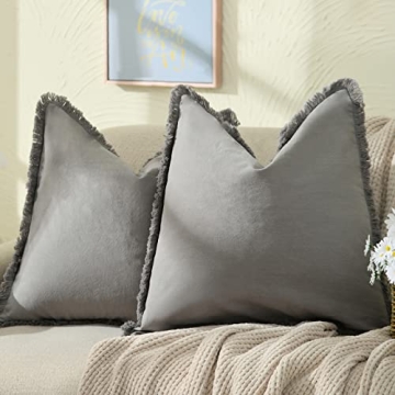 ZWJD 26x26 Gray Pillow Covers with Fringe | Set of 2 Chic Cotton Decorative Pillows for Home Decor