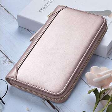 Easyoulife Credit Card Holder Wallet Womens Zipper Leather Case Purse RFID Blocking (Rose Gold)