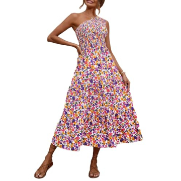 BTFBM 2025 Summer One Shoulder Dresses for Women Casual Sleeveless High Waist Floral Flowy Smocked B...