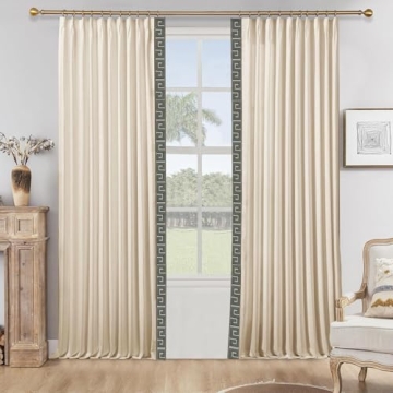 DotheDrape Blackout Linen Curtains, Pinch Pleated Green S Tape Trim, 50" Width, 96" Long, Sand Beige...
