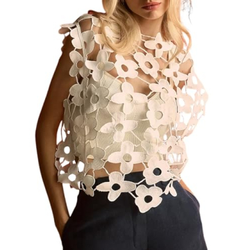 Wyeysyt Women's Hollow Out Floral Lace Vest Sleeveless Crewneck Crochet Cover Up Summer Cropped Goin...