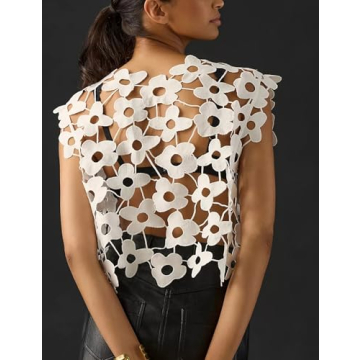 Wyeysyt Women's Hollow Out Floral Lace Vest Sleeveless Crewneck Crochet Cover Up Summer Cropped Going Out Tops (White-L)