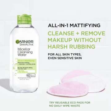Garnier Micellar Water for Oily Skin, Facial Cleanser & Makeup Remover, Mattifying, For All Skin Typ...