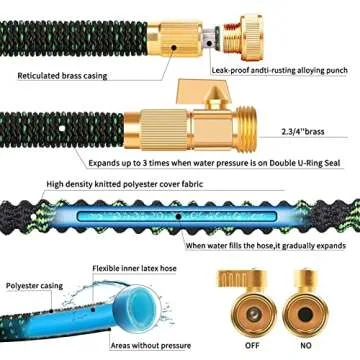 100FT Expandable Garden Hose - with 10-Function Spray Nozzle - Heavy Duty, Flexible, 3/4" Solid Brass Fittings-Green