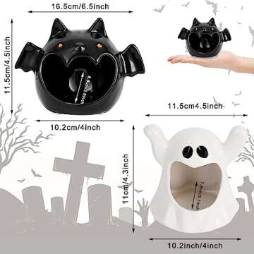Whaline 2Pcs Halloween Candy Dish Holder Bat Ghost Ceramic Dish Halloween Candle Holder Cute Candy B...