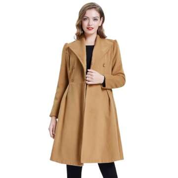 Belle Poque Women’s Lapel Collar Wool Coat Khaki Winter Trench Jacket, Medium