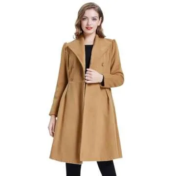 Belle Poque Women’s Lapel Collar Wool Coat Khaki Winter Trench Jacket, Medium