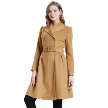 Belle Poque Women’s Lapel Collar Wool Coat Khaki Winter Trench Jacket, Medium
