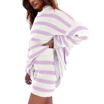 LAMISSCHE Womens Oversized Lounge Sets 2 Piece Outfits Striped Matching Pajama Set Long Sleeve Sweat...