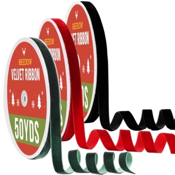 IBEEDOW 3 Rolls Velvet Ribbon Set 5/8" x 50Yards for Christmas Tree Single Face Vintage Velvet Ribbo...