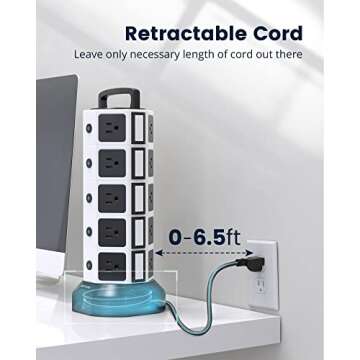 Power Strip Tower Surge Protector, JACKYLED 20 Outlets 6 USB (2 USB C) Charging Station, Extension Cord with Multiple Outlets, 1050J 1625W/13A Outlet Extender 6.5ft Extension Cord for Home Office