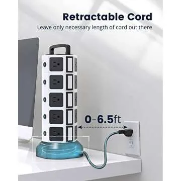 Power Strip Tower Surge Protector, JACKYLED 20 Outlets 6 USB (2 USB C) Charging Station, Extension Cord with Multiple Outlets, 1050J 1625W/13A Outlet Extender 6.5ft Extension Cord for Home Office