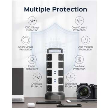 Power Strip Tower Surge Protector, JACKYLED 20 Outlets 6 USB (2 USB C) Charging Station, Extension Cord with Multiple Outlets, 1050J 1625W/13A Outlet Extender 6.5ft Extension Cord for Home Office