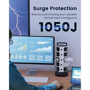 Power Strip Tower Surge Protector, JACKYLED 20 Outlets 6 USB (2 USB C) Charging Station, Extension Cord with Multiple Outlets, 1050J 1625W/13A Outlet Extender 6.5ft Extension Cord for Home Office