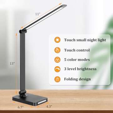LED Desk Lamp with USB Ports,Touch Desk Lamps for Home Office with 5 Color Modes,3 Brightness Desk Light with Small Night Light,Reading Lamp Table Lamp for Bedroom Bedside Study Black （with adapter）