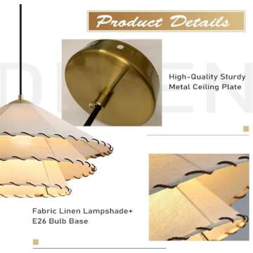 Zouuxn Modern Fabric Pendant Light - 3-Tier Layered Shade Ceiling Light Fixture, Gold and White Hanging Lamp for Bedroom, Living Room, Dining Room, Kitchen Island - 15.7" Diameter