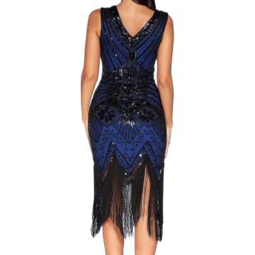 meilun 1920s Sequined Inspired Beaded Gatsby Flapper Evening Dress Prom (L, Blue)