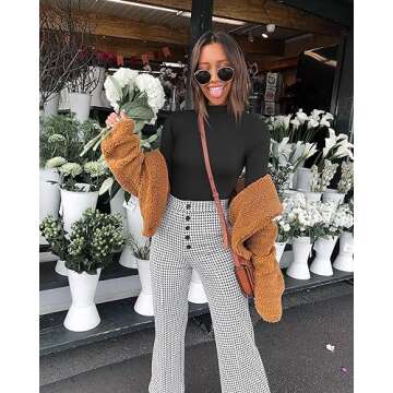 OQQ Women's 2 Piece Bodysuits Sexy Ribbed Turtle Neck Long Sleeve Tops Bodysuits Black Tea leaf