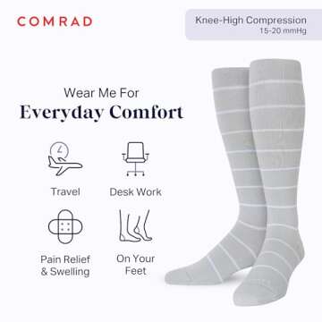 Comrad Nylon Knee High Socks - 15-20mmHg Graduated Compression Socks, (Wide Calf Medium, Heather/Whi...