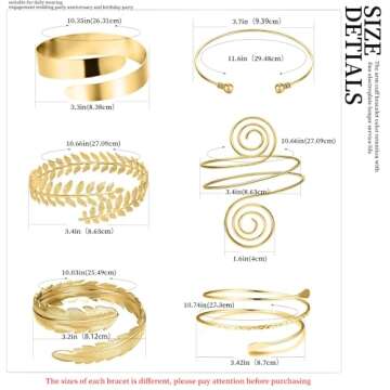 RIOSO 6 Pieces Arm Cuff Upper Arm Band Cuff Bracelet Bangle for Women Silver Gold Adjustable Armband Set