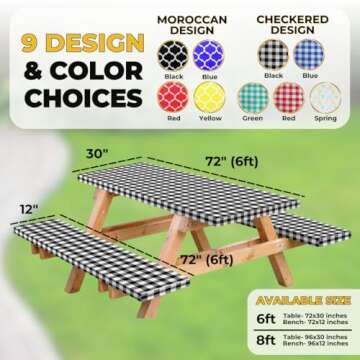 RNOONY Vinyl Fitted Picnic Table Cover with Bench Covers and Bag, 6ft Outdoor Waterproof Windproof T...