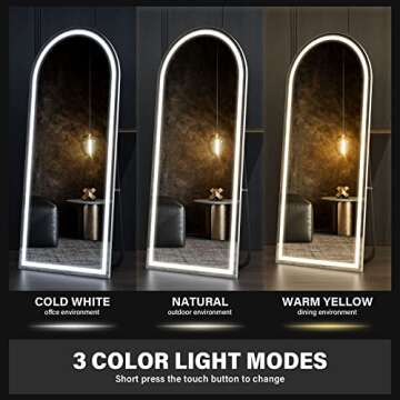 CASSILANDO 63" x 20" Full Length Mirror with LED Lights, LED Floor Mirror, Arched Lighted Mirror, Fr...