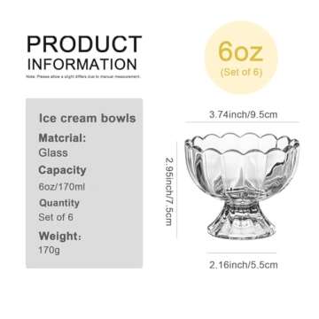 Aurfedes 6 Pack Glass Dessert Bowls - 6 Oz Heavy Base Glass Ice Cream Cups Dessert Bowls for Dessert...
