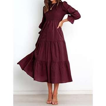 BTFBM Women Casual Long Sleeve Dress Fall Dresses 2025 Solid Color Relaxed Fit Smocked Tiered Flowy ...