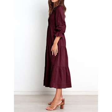 BTFBM Women Casual Long Sleeve Dress Fall Dresses 2025 Solid Color Relaxed Fit Smocked Tiered Flowy Boho Long Dresses(Solid Wine Red,X-Large)