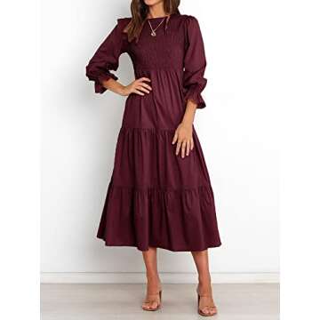 BTFBM Women Casual Long Sleeve Dress Fall Dresses 2025 Solid Color Relaxed Fit Smocked Tiered Flowy Boho Long Dresses(Solid Wine Red,X-Large)