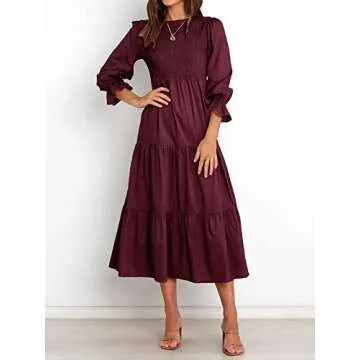 BTFBM Women Casual Long Sleeve Dress Fall Dresses 2025 Solid Color Relaxed Fit Smocked Tiered Flowy Boho Long Dresses(Solid Wine Red,X-Large)