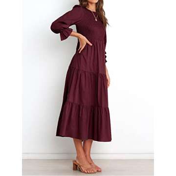 BTFBM Women Casual Long Sleeve Dress Fall Dresses 2025 Solid Color Relaxed Fit Smocked Tiered Flowy Boho Long Dresses(Solid Wine Red,X-Large)