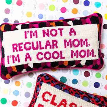 FURBISH Needlepoint Decorative Throw Pillow - Cool Mom - 8" x 14" - Small Embroidered Accent Pillow for Bed, Chair, Couch, Sofa - Aesthetic Room Decor