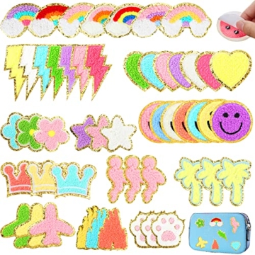 52 Pcs Self Adhesive Chenille Patches – Colorful Cute Embroidered Designs for Crafting and Persona...