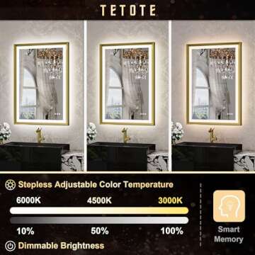 TETOTE Gold LED Mirror for Bathroom 24x32 Metal Frame Frontlit & Backlit Lighted Vanity Mirror Baroque Anti Fog Stepless Dimmable White/Warm/Natural,CRI90+,Wall Mounted(Horizontal/Vertical)