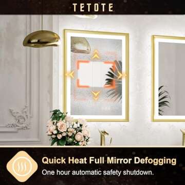 TETOTE Gold LED Mirror for Bathroom 24x32 Metal Frame Frontlit & Backlit Lighted Vanity Mirror Baroque Anti Fog Stepless Dimmable White/Warm/Natural,CRI90+,Wall Mounted(Horizontal/Vertical)