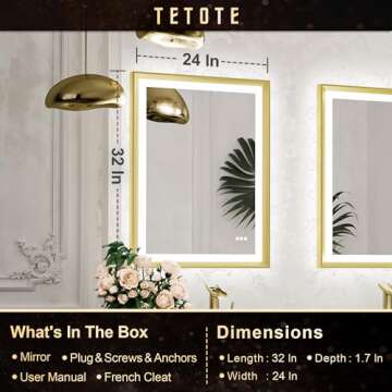TETOTE Gold LED Mirror for Bathroom 24x32 Metal Frame Frontlit & Backlit Lighted Vanity Mirror Baroque Anti Fog Stepless Dimmable White/Warm/Natural,CRI90+,Wall Mounted(Horizontal/Vertical)