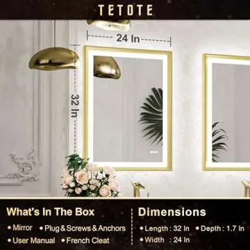 TETOTE Gold LED Mirror for Bathroom 24x32 Metal Frame Frontlit & Backlit Lighted Vanity Mirror Baroque Anti Fog Stepless Dimmable White/Warm/Natural,CRI90+,Wall Mounted(Horizontal/Vertical)