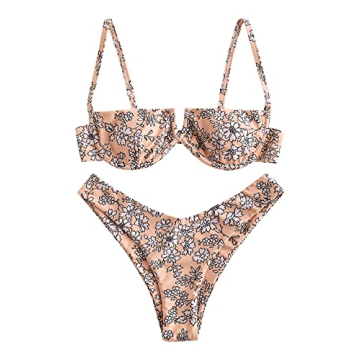 ZAFUL Women's Underwire Bikini Floral V-Wired High Leg Two Piece Bikini Set Swimsuit (5-Multib, S)