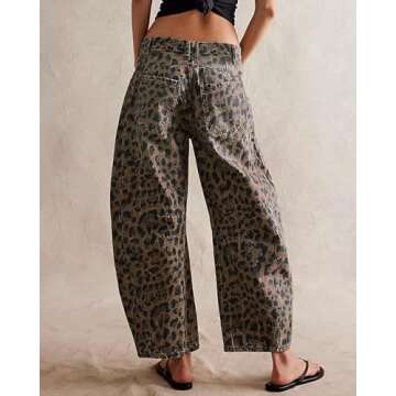 EZAPINE Women Leopard Barrel Jeans - Chic Casual Wide Leg Denim Pants