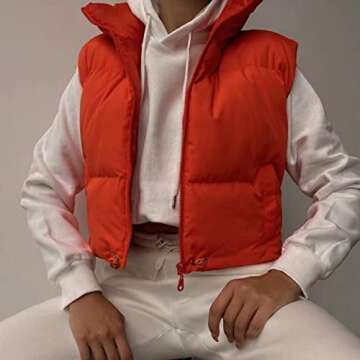 Shiyifa Women's Fashion High Neck Zipper Cropped Puffer Vest Jacket Coat (Orange, Large)