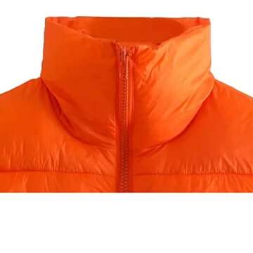 Shiyifa Women's Fashion High Neck Zipper Cropped Puffer Vest Jacket Coat (Orange, Large)