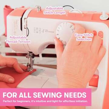 Lumina Linda Beginner Sewing Machine, 12 Built-In Stitches, Portable Small Sewing Machine with Full Metal Frame & LED Light | Great for Quilting, Crafts & Mending | Pink Sewing Machine