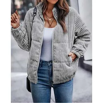 Angashion Women's Bomber Jacket Corduroy Ribbed Quilted Zip Up Long Sleeve Winter Coat Fall Outerwear Tops With Pockets Grey Medium