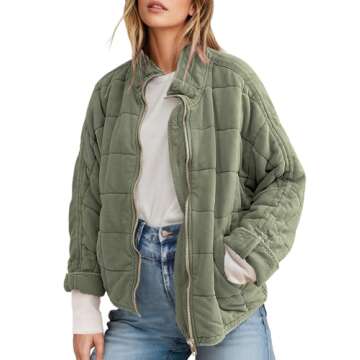 SAUKOLE Womens Winter Dolman Long Sleeve Full-Zip Quilted Jacket Coat Warm Outerwear Green